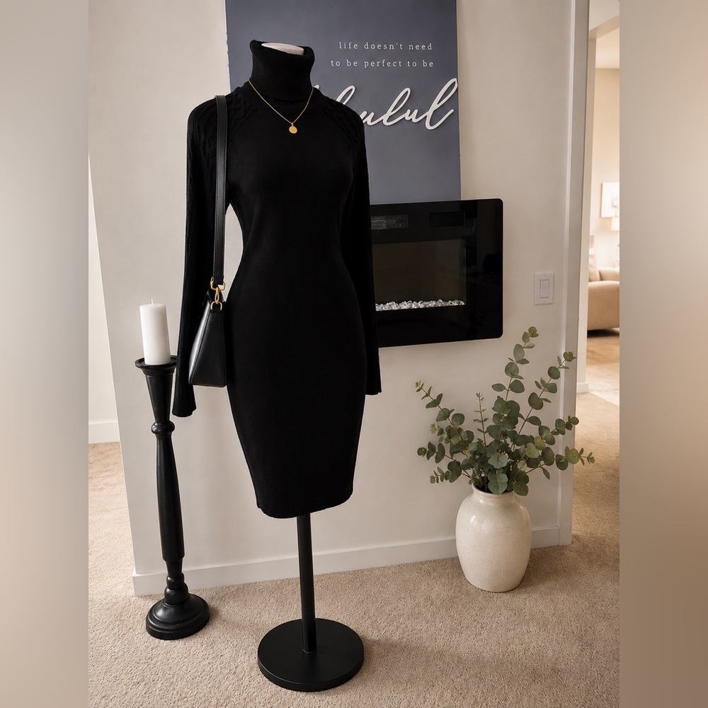 Moda International Black Long Sleeve Turtleneck Midi Dress